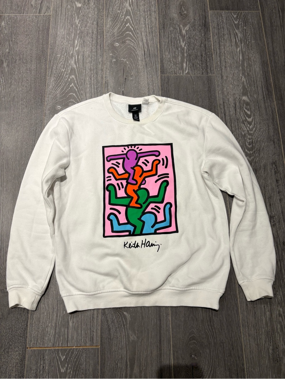 H&M White Crewneck Sweatshirt with Pink, Green, Orange and Purple Graphic